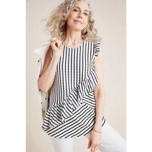 Eva Franco Anthropologie Black and White Striped Asymmetrical Ruffle Front Sleev